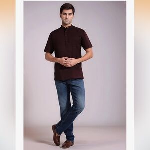 SKAVIJ Mens Short Kurta - 100% Cotton Mandarin Collar Ethnic Wear Shirt Sz L NWT